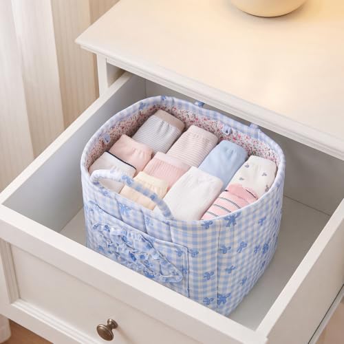 Image of Quilted Fabric Basket Foldable Car Storage Boho Floral Laundry Basket Hamper for Nursery Bedroom & Living Room | Organize Clothes Toys (Bow)
