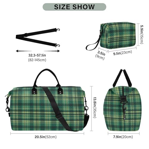 Large Travel Duffel Bag Sports Tote Gym Bag Overnight Weekender Bags Check Plaid Green 2 Carry On Luggage with Toiletry Bags3