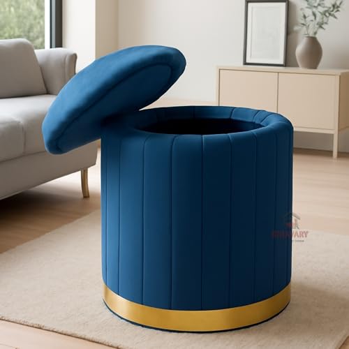 Image of Round Velvet Luxurious Storage Ottoman, Pouf with Storage Vanity Stool Chair,Upholstered Foot Rest Stool with Gold Strip Base for Living Room or Bedroom (Blue., Large-40Dx40Wx46H)