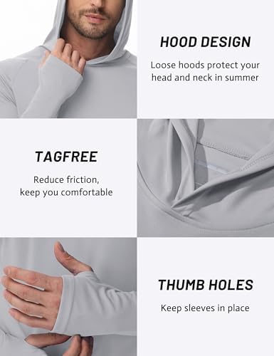 TACVASEN Sun Hoodie Men Rash Guard Fishing Shirt Long Sleeve with Hood Quick Dry Athletic Shirts Grey UV Protection Sport T-Shirt Lightweight — view 5