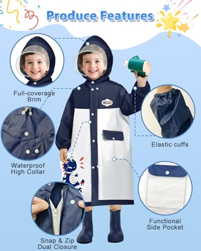 Image of ANYCHO Raincoat for Kids 3-7 Years with Wide Brim & Backpack Space, Knee-Length EVA Kids Raincoat for Boys with Safe Reflective Strips