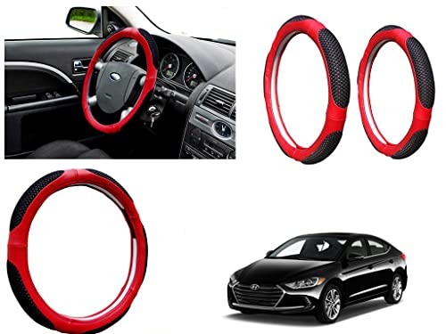Image of Microfiber Car Steering Wheel Cover, Soft Padding Great Hand Feel, Anti-Slip, Faux Leather Steering Cover for Hyundai Elantra 2018 | Black Red Jali - Pack of 1