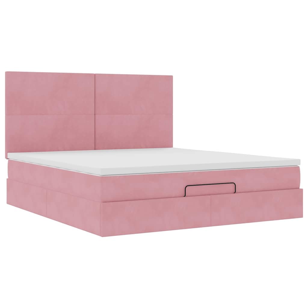 Cama otomana rosa de terciopelo 180 x 200 cm, con colchón de muelles ensacados LED y gran espacio de almacenamiento para jóvenes y habitaciones de invitados