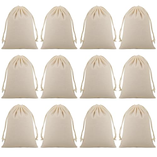 12 Stück Baumwollsäckchen mit Kordelzug - 15x20cm - natürliche Geschenkbeutel - wiederverwendbar - für Stoffbeutel klein - zum Bemalen - Aufbewahrung - Reisen- weiß