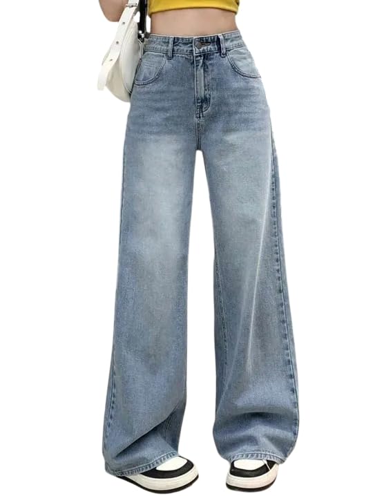 Image of KOTTY Women Trendy Wide Leg Jeans High Waist Baggy Fit Denim Streetwear Jeans