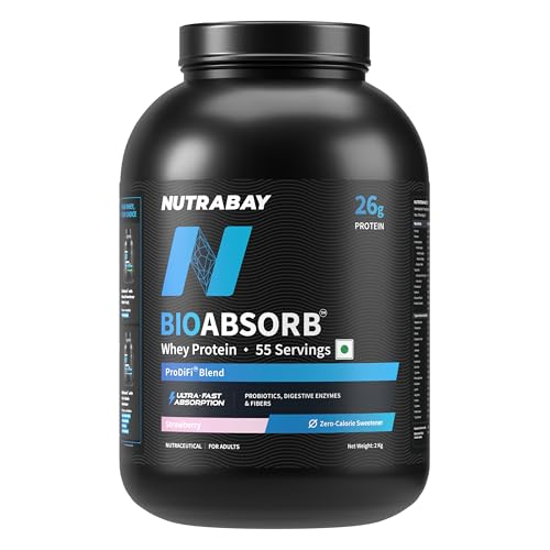 Nutrabay BioAbsorb™ Whey | ProDiFi™ for Ultra-Fast Absorption | 26g Protein | Strawberry, 2kg | No Bloating | No Added Sugar | Fast Recovery | India's