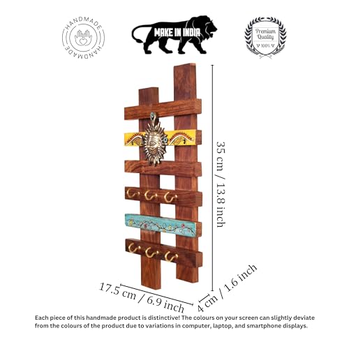 Image of AAKRITI ART CREATIONS Key Holder, Taksha Key Hanger with Mask Motifs and Beautiful Artwork | Rustic Dhokra & Wooden Wall Organizer with 6 Hooks | New Home Gifts.