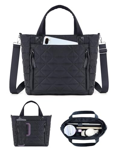 Puffer Tote Bag for Women Girls Compatible with Stanley Cup, Waterproof Large Quilted Shoulder Bags with Zipper Gifts for Nurses Teachers, Black Nylon Tote Handbags for Work College Travel