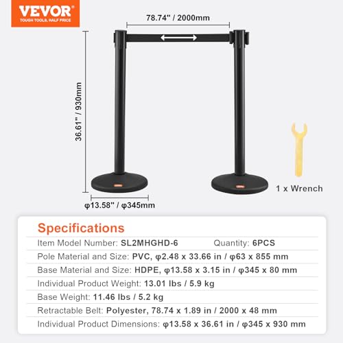 Vevor CROWD CONTROL STANCHIONS 6-PACK Crowd Control Stanchions, 6-Pack Solid Base Crowd Control Barriers With 3Pcs 6.5Ft Black Retractable Belts thumb #6