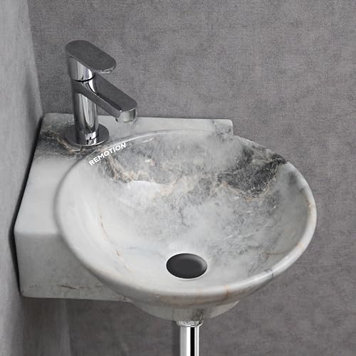 Image of REMOTION Wall Mounted Wash Basin for Bathroom | Wall Hung Corner Sink | Ceramic Round Wall Hung Wash Basin | Wall Hung Small Corner Basin (16.3 x 13.8 x 4.3 Inch) (Designer Blue)