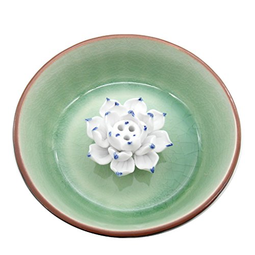 Trendbox Ceramic Handmade Artistic Veins Incense Holder Burner Stick Coil Lotus Ash Catcher Buddhist Water Lily Plate - Emerald #TOP1