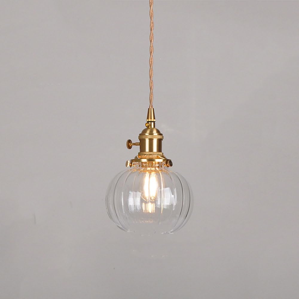 SYAXVOM Clear Striped Blown Glass Pendant Light Small Kitchen Island Pumpkin Lamp for Ceiling Mounted Modern Chandelier Lighting Fixture Bathroom Bedside Study Room