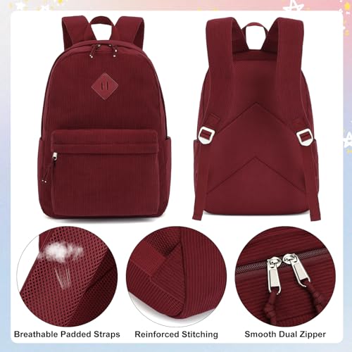 Corduroy Backpack for Girls, Kids Teens Elementary Middle High School Bags Women College Bookbags Travel Daypacks (Wine)4