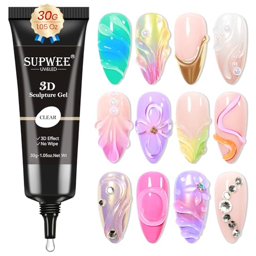 3D Nail Gel Clear Sculpting Gel for Nail Art 30g No Wipe Molding Gel for Nails Charms Rhinestone Nail Charm Carving Nail Art Designs for Rhinestone Decoration