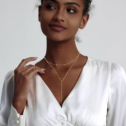gold necklace for women trendy lariat y necklace dainty 14k gold platedsilver long necklaces for women layered beaded drop necklaces simple y-shaped chain jewelry gifts