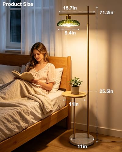 Image of Lightdot Glass Floor Lamp with Table, Gold Standing Lamp with Green Umbrella Glass Shade, Dimmable LED Floor Lamp with Marble Base for Living Room Bedroom, Bulb Included