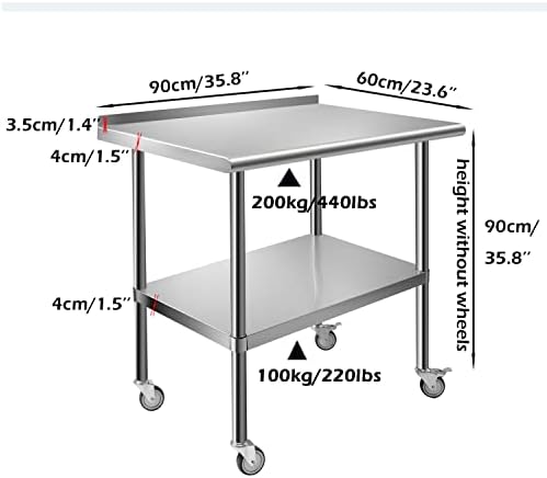 ybaymy Stainless Steel Table with Wheels Kitchen Prep Table 60x90cm Commercial Work Bench with Adjustable Shelf Heavy Duty Catering Table for Restaurant Garage Laundry Room Outdoor BBQ