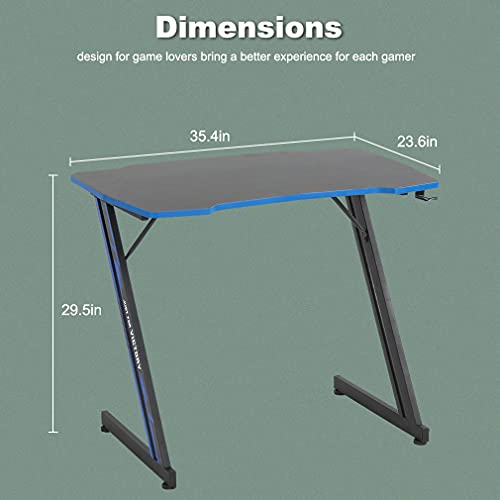 Image of BestOffice Gmaing Desk 35.4in PC Computer Desk, Blue Ergonomic Gaming Table Z Shaped Gaming Workstation with Headphone Hook for Home Office,Blue