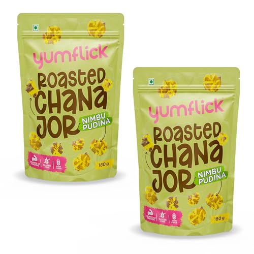 Image of Yumflick Roasted Chana Jor Nimbu Pudina Flavour | Pack of 2 x 180g | High Protein & Fibre | Roasted Not Fried | Gluten-Free | No MSG | No Palm Oil | Zero Cholesterol | Tangy Spicy Anytime Snack