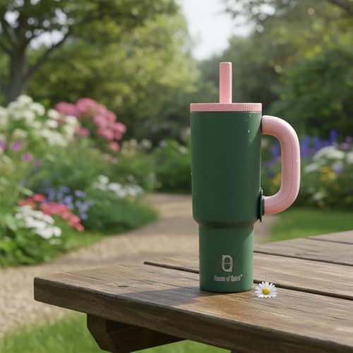Image of House of Quirk 1200ml Stainless Steel Tumbler with Handle, Straw & Straw Cap | Leakproof Water Bottle | Large Capacity Travel Mug (Strawberry Matcha)