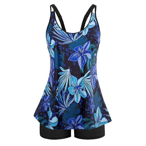Arolina Tankini Swimsuits for Women Tummy Control Two Piece Bathing Suits Flowy Swim Tops with Boy Shorts Blue Flowers 22 Plus