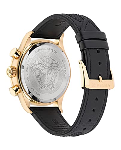 Versace Hellenyium Chrono Collection Luxury Mens Watch Timepieces with a Black Strap Featuring a Gold Case and a Silver Dial3
