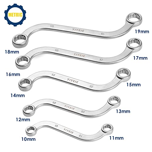 Image of YIYEIE Offset S-Style Box End Wrench Set, 5-Piece, Chrome Vanadium Steel, 10x11mm, 12x13mm, 14x15mm, 16x17mm, 18x19mm