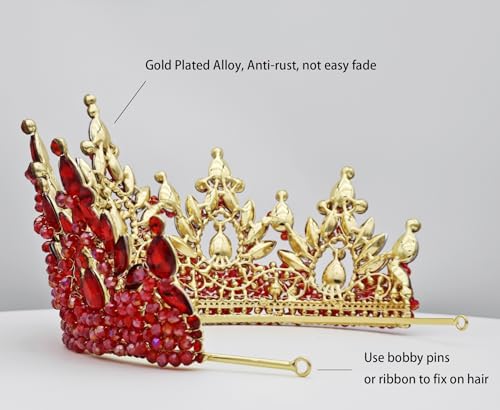 Red Crowns for Women Large Crystal Tiaras Tall Pageant Crowns Rhinestone Royal Queen Headband Princess Quince Headpieces for Wedding Birthday Prom Costume Cosplay Celebration by QXMYOO - Image 4