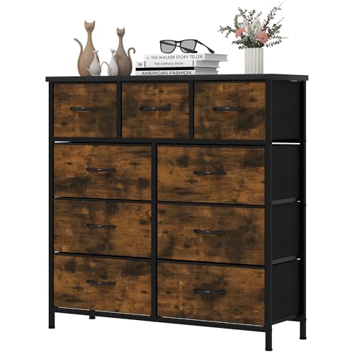 YITAHOME Comoda 9 Cajones,Cajonera de Tela,Sinfonier,Robusta Estructura metálica,para Dormitorio, Salón, Pasillo,marrón rústico
