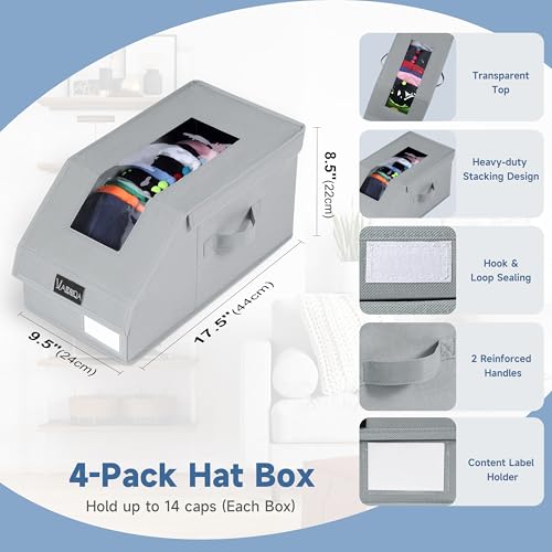 VAESIDA 4er-Set Stapelbare Kappenhalter für Baseballcaps & Hüte - Klare Cap Aufbewahrung mit Integrierter Stützpappe, Fasst bis zu 56 Mützen - Ideal für Schrank und Regal