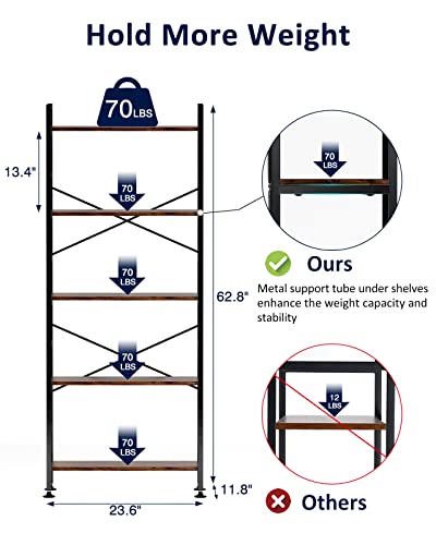 Cosystar 5-Tier Adjustable Tall Bookcase, Rustic Wood And Metal Standing Bookshelf, Industrial Vintage Book Shelf Unit, Open Back Modern Office Bookcases #TOP2