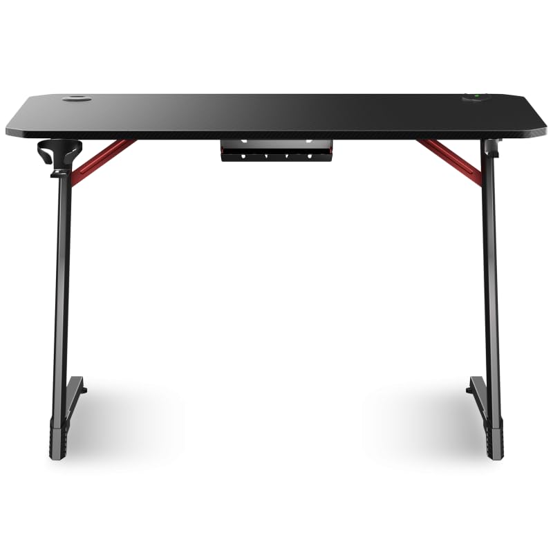 Bureau Gaming HEADQUARTER 250, 120 x 60 cm, LED RGB 8 Modes, Support Casque, Porte-gobelet, Design en Z, Noir avec Effet Carbone