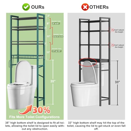Image of Kalrin Over-The-Toilet Storage Rack, 4-Tier Bathroom Organizer Shelf Over Toilet with Adjustable Shelf and Basket, Freestanding Space Saver Bathroom Shelves Above Toilet for Room (Green- Black)