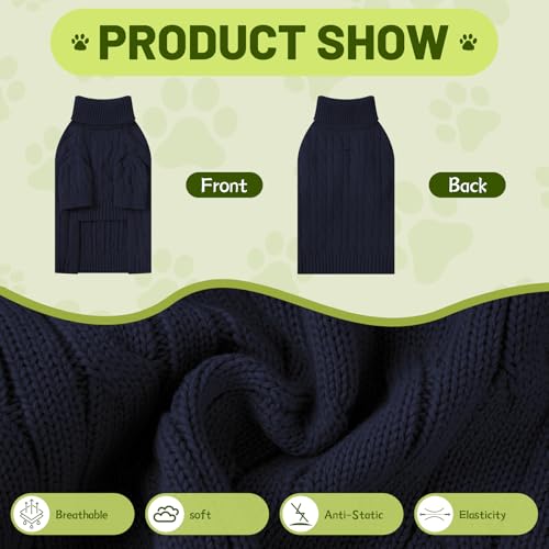 Image of Small Dog Thermal Pullover Sweater, Classic Turtleneck Cable Knitwear Dog Clothes for Cold Weather Warm Pet Clothes for Chihuahua, Bulldog, Dachshund, Pug Navy Large