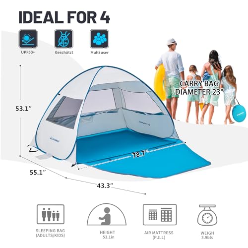 Pop Up Beach Tent for 4 Person with UPF 50+ Protection,Automatic Easy Setup Waterproof Beach Shade,Lightweight and Portable Beach Tent Sun Shelter - Light Blue