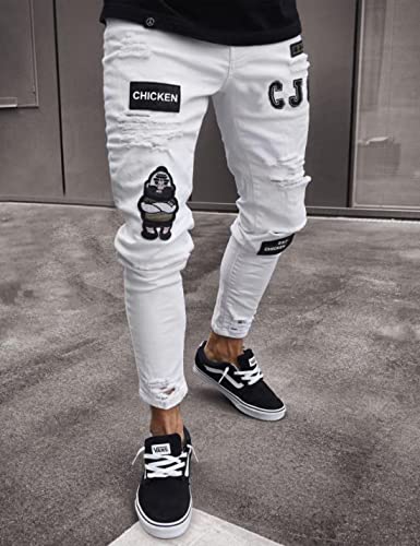 Kinkia Men's Slim-fit Ripped Tapered Leg Jean Fashion Trend Badge Ripped Zipper Feet Pants2