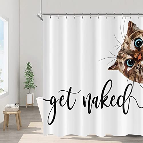 Funny Cat Shower Curtains Get Naked Cute Animal Kitty Fun Shower Curtain Sets Kids Bathroom Decor White Polyester Fabric 72x72 Inches