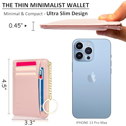 Image of Valentoria Slim RFID Blocking Card Holder Small Pocket Wallet Keychian Zipper Coin Purse Mini Cash & Coin & Cards Case for Women Men, Pink, s, Slim Rfid Blocking Card Holder Small Pocket Wallet