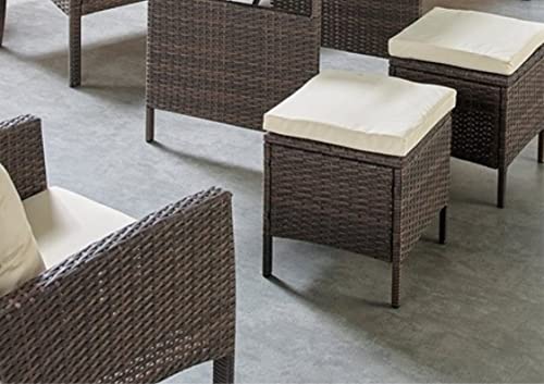 Image of DEVOKO Outdoor 6 Piece All Weather Resistant Rattan Dining Conversation Sectional Patio Set with Table & Ottomans for Porch, Garden (Dark Brown and Cream)