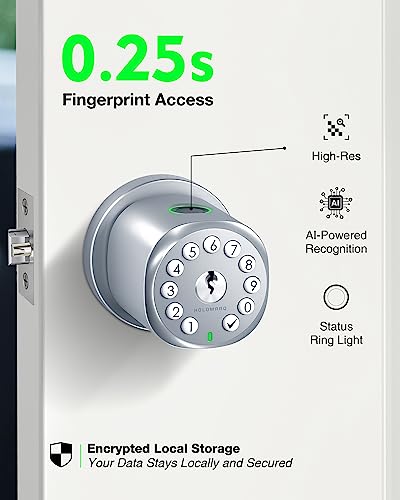 Holomarq Fingerprint Door Knob With Keypad Lock Biometric Keyless Door Knob,Combination Door Knob 4 Aa Alkaline Batteries, For Bedroom Office Interior Door Sequra H2 (Glossy Silver) #TOP2
