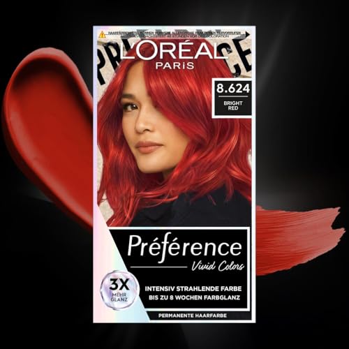 Foto von L'Oréal Paris Intensive dauerhafte Haarfarbe, Bis zu 8 Wochen glänzendes Haar und intensive Farbe, Préférence Vivid Colors, Farbe: 8.624 BRIGHT RED, 1 Stück
