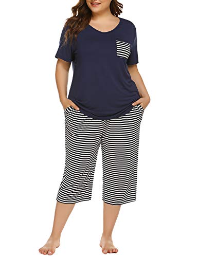 IN'VOLAND Womens Plus Size Pajama Set Capri Pants Striped Short Sleeve Pj Sets