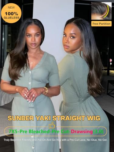 Image of Sunber Yaki Straight Ombre Chestnut Human Hair Wigs with Drawstring 18inch
