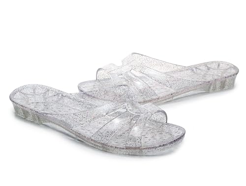 Image of Womens Jelly Shoes, White Jellies Sandals Glitter Clear Flats Slip On Summer Beach Slippers Transparent Closed Toe Soft Slide