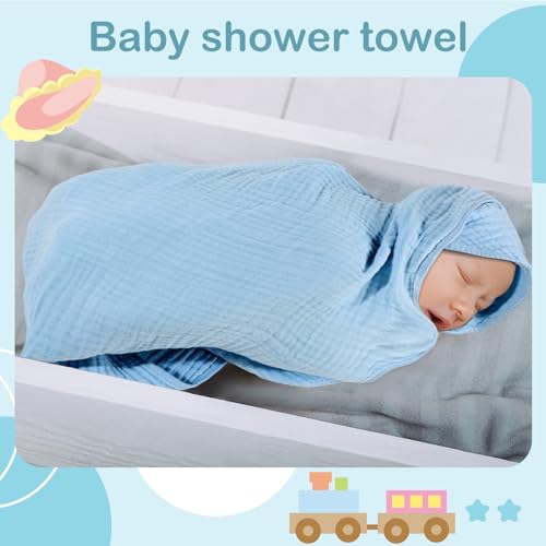 Image of Peryiter 6 Pcs Muslin Hooded Baby Towels, 32 inchx 32 inch Cotton Newborn Bath Towel Muslin Infant Baby Blankets Absorbent Unisex Newborn Registry Gift Essentials for Girls Boys (Blue)