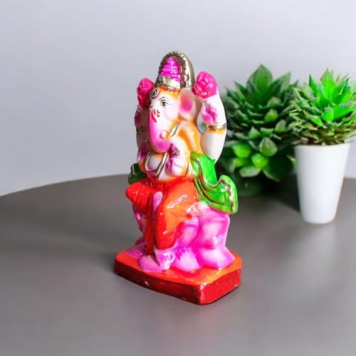 Image of SAUDEEP INDIA 6 Inch Colored Mitti Ganesh Idol for Ganesh Chaturthi | Eco-Friendly Handcrafted Clay Ganpati Murti for Visarjan | Biodegradable Painted Ganesha Statue for Home Decor & Pooja
