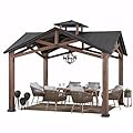 Sunjoy 12.5 x 12.5 ft. Hardtop Gazebo Outdoor Cedar Frame Wood Gazebo with Steel 2-Tier Hardtop Roof and Ceiling Hook, Black by SummerCove