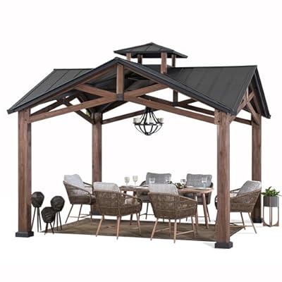 Sunjoy 12.5 x 12.5 ft. Hardtop Gazebo Outdoor Cedar Frame Wood Gazebo with Steel 2-Tier Hardtop Roof and Ceiling Hook, Black by SummerCove