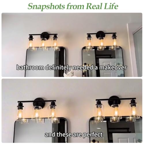 Zarbitta 3-Light Bathroom Light Fixtures, 17.23" Black Modern Vanity Lights with Clear Glass Shade, Bathroom Wall Lamp for Mirror Kitchen Living Room Hallway Cabinet Porch - Image 3
