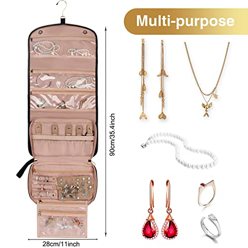 Travel-Jewelry-Organizer-Roll-with-Zipper-Pockets-Large-Hanging-Jewelry-Roll-Bag-Case-for-Rings-Earrings-Necklaces-Bracelets-Brooches-Waterpoof-Bag-with-Separate-Compartments-Large-Black